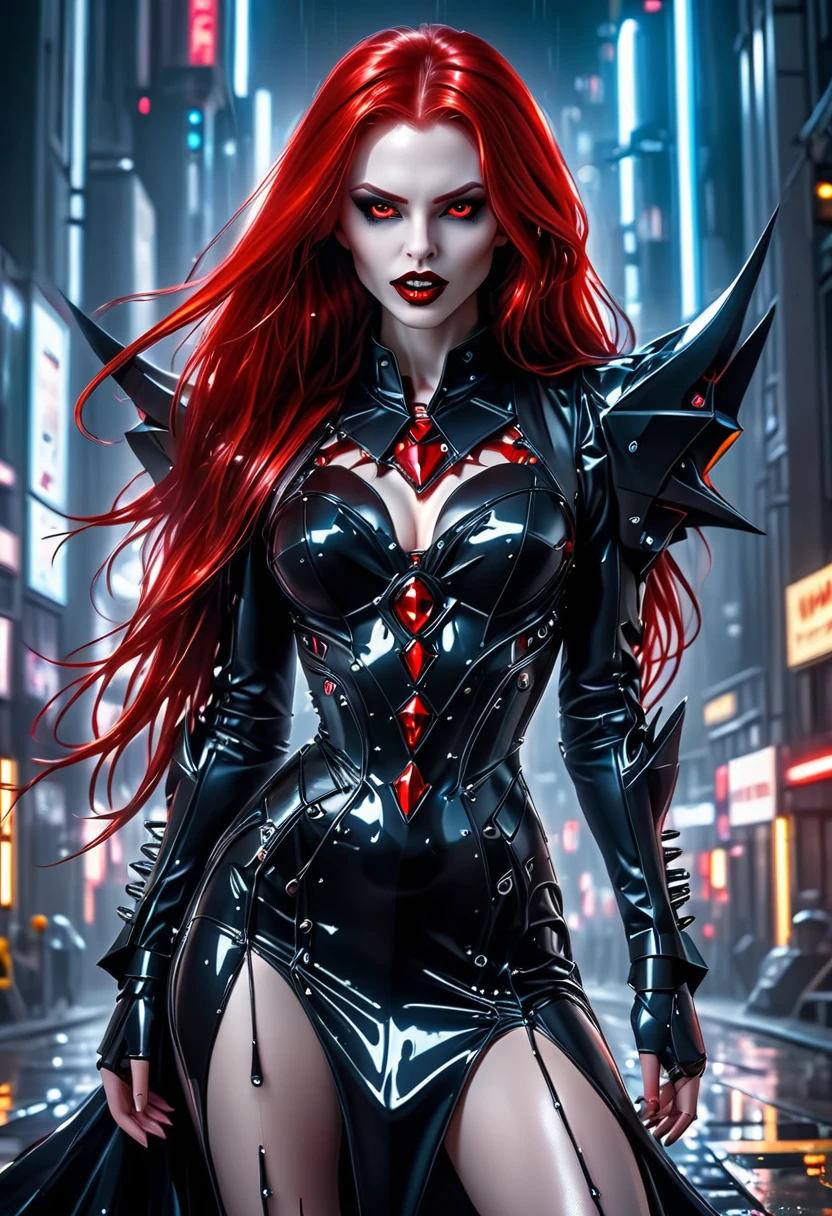 ((a photorealistic glamour shot of an exquisite, glamour mecha female vampire: 1.5)), ((full body: 1.3)), ultra feminine, pale face, red hair, long vibrant shiny hair, glamorous hair,  red eyes, miniatures mechanical , deep penetrating eyes, red lips, lustful lips, ((two visible vampiric fangs: 1.5), drops of blood dripping from the mouth, ((cyberpunk style: 1.5)), she wears (black elegant liquid, glamour dress, with small delicate mechanical parts: 1.4), digital parts,  intricate details, the dress is studded with diamonds, tight suit, dynamic color, high heels, cyberpunk street at night background, (highest quality:1.2, Very detailed, up to date, Vibrant, Ultra-high resolution, High Contrast, masterpiece:1.2, highest quality, Best aesthetics), best details, best quality, highres, ultra wide angle, 16k, [ultra detailed], masterpiece, best quality, (extremely detailed), Genetically modified..., Cinematic Hollywood Film, nijimecha, liquid dress