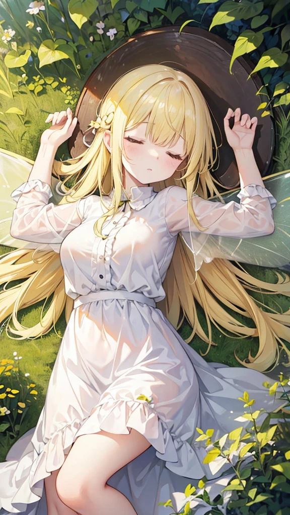 Showing the whole body, Yellow hair, Cute, Baby face, Big breasts, Sleeping, In the forest, White dress, Long hair, Sleeping, 1 person, Small, Fairy wings