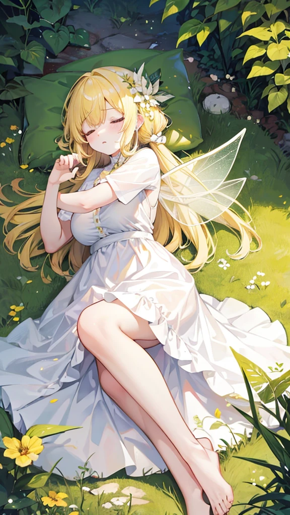 Showing the whole body, Yellow hair, Cute, Baby face, Big breasts, Sleeping, In the forest, White dress, Long hair, Sleeping, 1 person, Small, Fairy wings
