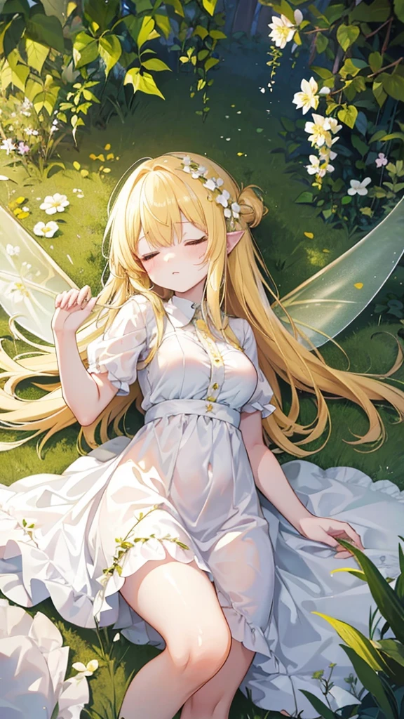 Showing the whole body, Yellow hair, Cute, Baby face, Big breasts, Sleeping, In the forest, White dress, Long hair, Sleeping, 1 person, Small, Fairy wings