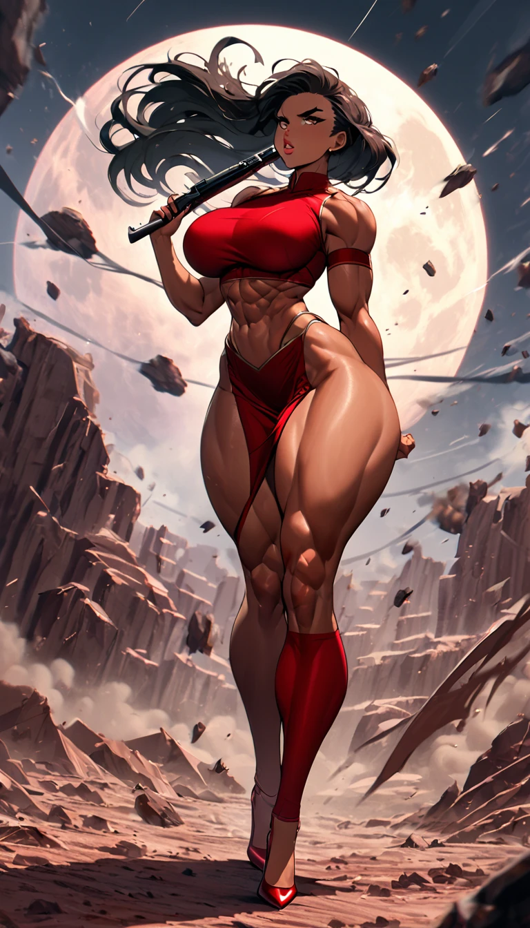 1Full body picture from a low view of A dark skinned 25-year-old woman, athletic body, very detailed short black hair, thick eyebrows, long eyelashes, beautiful brown eyes, thick lips, toned arms , large natural , toned abs, thick   and thighs, muscular legs very detailed, big   wearing a short red  double split dress with lace trim, a tight fitting white sleeveless crop top shirt, red leg bands around her thighs, red arm bands on each upper arm,  white thigh high stockings, red stiletto heels, standing in a very detailed wasteland on a highly windy day, hair blowing in the wind, a full moon in the background, debris flying in the foreground, light dust surrounding her, she is looking very serious holding a gun to her side (full body) 
