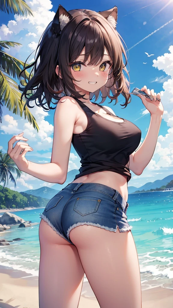 (8K、Highest quality、Highest quality、masterpiece)、Detailed face、One Girl、(Brown Skin:1.2)、Long Hair、Yellow Eyes、Grin、(Black tank top、Denim hot shorts、Mini Shorts、Spread pussy under shorts、frontal wedgie、wedgie、Spread vagina under shorts)、labia view、Beach、cloud、vagina、Spread Vagina、spread pussy、Big Breasts、