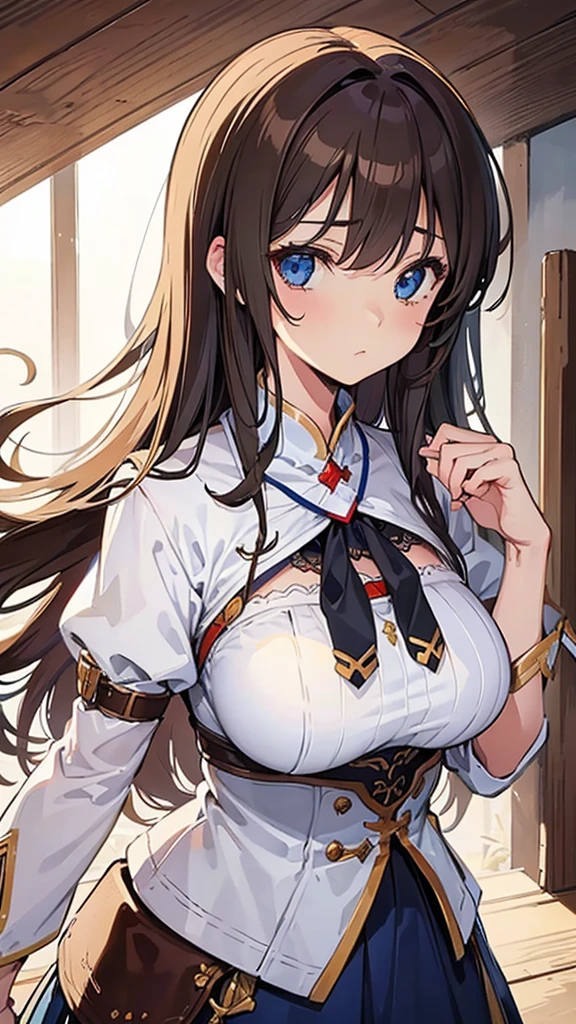 (best quality), (Very detailed), (Best Illustration Award), (beautiful girl), (Large Breasts), Brown hair, Messy hair, Awkward, The whole face turned red, blue eyes, White