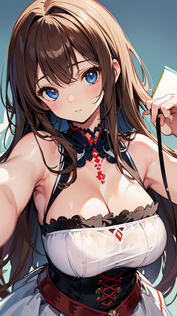 (best quality), (Very detailed), (Best Illustration Award), (beautiful girl), (Large Breasts), Brown hair, Messy hair, Awkward, The whole face turned red, blue eyes, White