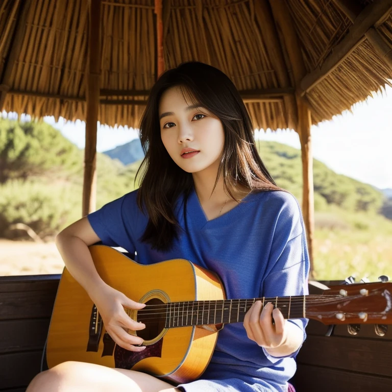 Araffi woman sitting in front of a hut with a guitar, Jae Yeon Nam, Tzuyu from two times, Korean girl, Chinese girl, Jinyoung Shin, Roseanne Park of blackpink, Korean idol, girl playing guitar, gongbi, portrait of female Korean idol, beautiful south korean women, singer-songwriter, Korean artist, Xindong Chen, Wen Feiye