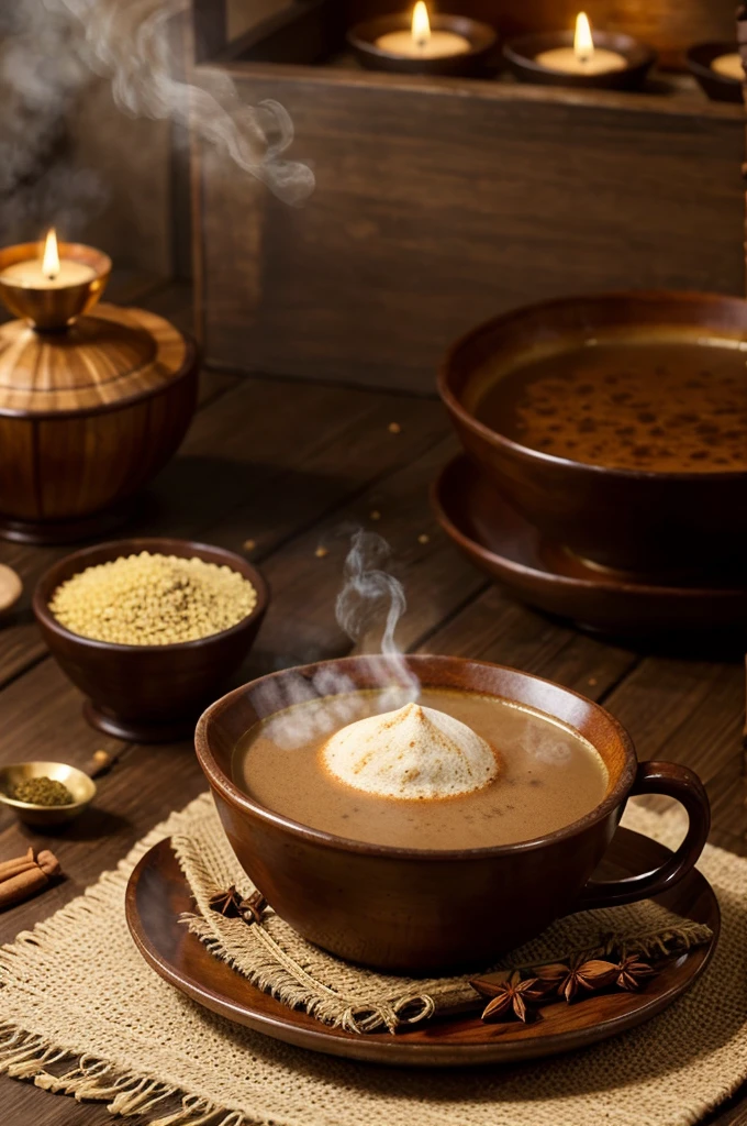 Capture a luxurious image of a steaming cup of Kadak Masala Chai. Leave space on one side for product placement. Surround the chai with premium spices and a sophisticated, rustic backdrop to evoke a warm, inviting, and high-quality ambiance.