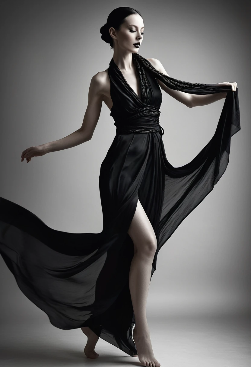 A stunning, high-realistic, studio photograph of a slender scandinavian skinny scandinavian woman, (Ingrid Mueller) 35 years old, goth woman. black dyed hair , sidecut and braided hairstyle dancing, pale skin . make-up, dancing . clothed only in intricately draped, flowing black silk scarves, evoking a sense of elegance and grace. Captured in a monochromatic color palette, the black and white tone amplifies the textures and shadows, adding depth to the fluid, energetic movement of the subject. Soft, diffused lighting accentuates the woman's sinuous curves, as her slender limbs seem to blur in motion, exuding a sense of freedom and joy.