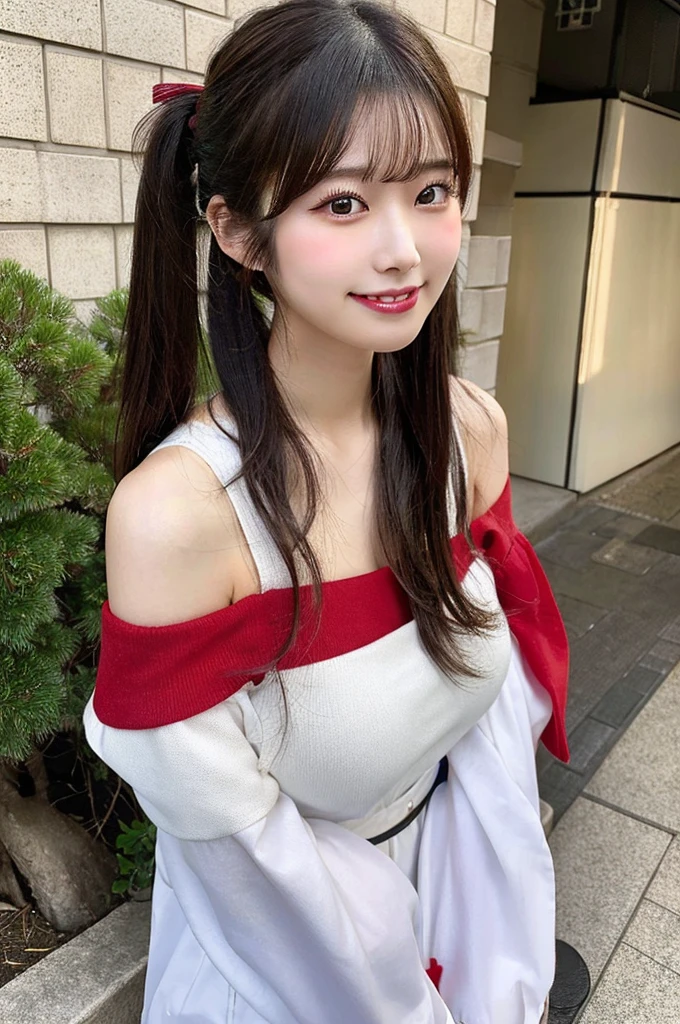 最high quality,Very detailed,finely,High resolution,8K壁紙,Perfect dynamic composition,Young Japanese Woman,Age 25, Black Hair, thin, 4K, 8K, high quality, beauty, smile, White teeth,Beautiful Eyes, Characterized by simplicity, High resolution,1 person,Japanese Idols,Large Breasts,Twin tails,Landmine Makeup,Red cheeks,Off the shoulder,Walking the dog,Shiba Inu