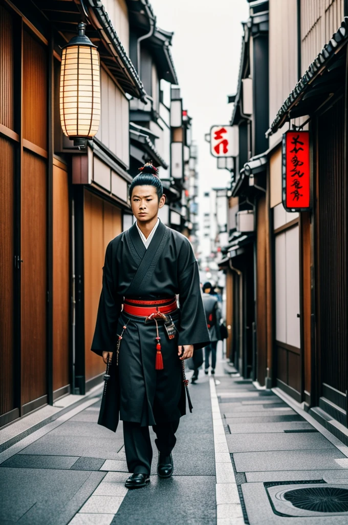 Lone oni samurai walking through Tokyo
