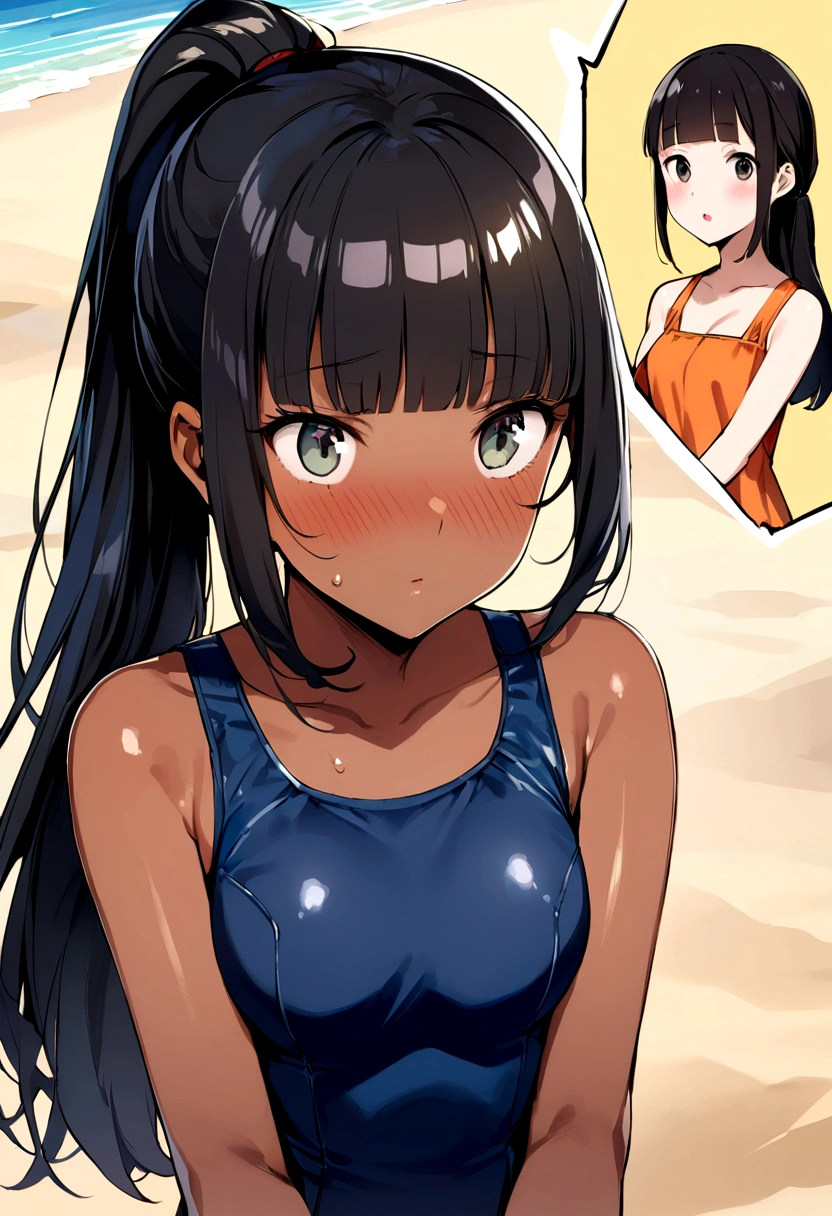 Ponytail1 person、beach、School 、Sunburn、Tan Skin、Embarrassed、1 girl、Navy blue school swimwear、blunt bangs、Black Hair、super fine illustration,(((beautiful fine hair))),(((beautiful fine face))),(((beautiful fine background))),Midsummer、beachBlack Hair、blunt bangs、Cross-eyed