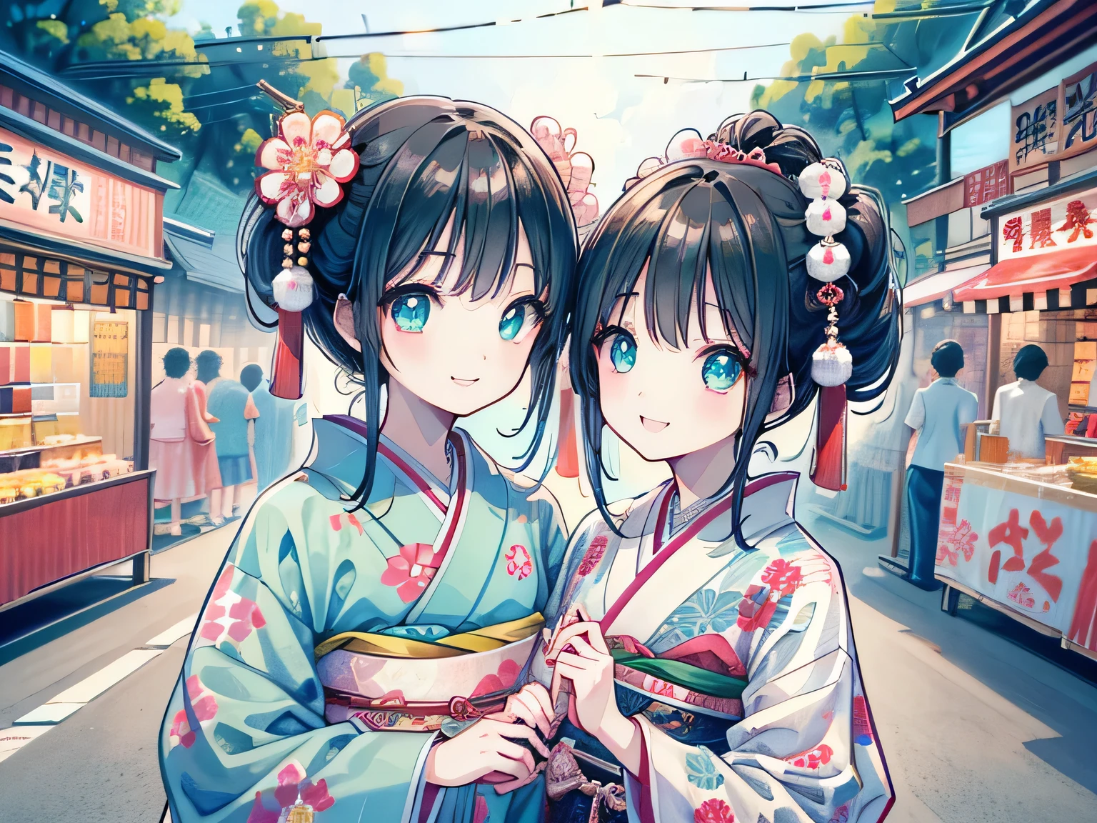 black hair, hairpin, hair bobbles, kanzashi, aqua eyes, smile, bright pupils, smiley, happy, motion lines, three sided view, masterpiece, accurate, super detail, textured skin, high quality, highres, best quality, Two Japanese girls, wearing kimonos, traditional Japanese clothing, walking hand in hand, summer festival in the evening