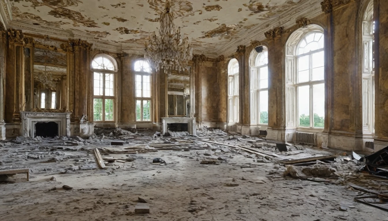 A large room destroyed by time, where a large mirror remains covering an entire wall of the room