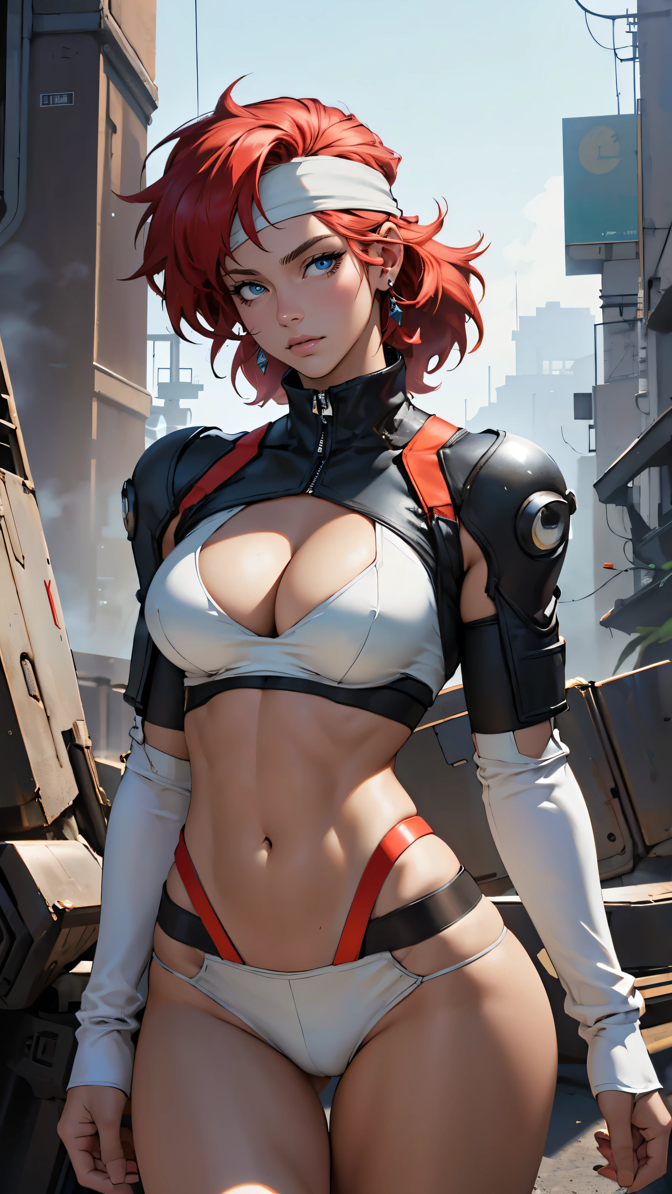 ((Masterpiece, highest quality; 1.3)), super quality, beautiful detail, super detailed, extra fine, 16K, exquisite, absurd, high resolution, beautiful background, detailed background, beautiful eyes, beautiful skin, anime style, Kay from  Pair in a white outfit, tight outfit, cleavage, bushy redhead beauty, very light blue uniform, wearing tight clothes, skimpy, (mid : 1.2), cleavage, cleavage, slim waist , thin waist, slim thighs, thin legs, slim legs. thigh gap, showing stomach, skinny, thin , cyberpunk city background, holding retro space gun , headband, 