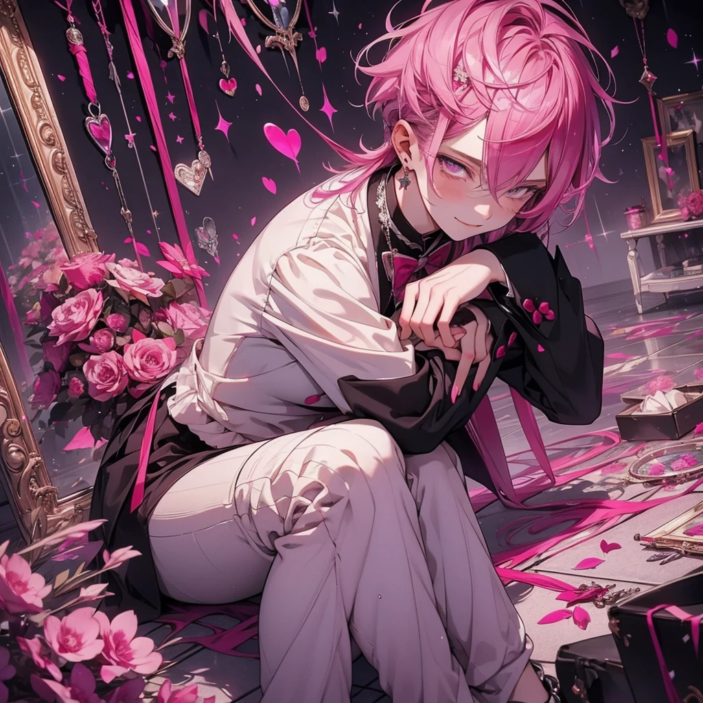 Beautiful young man, pink hair, red and purple Eyes, Elegant but disheveled formal attire, Sitting on the floor, Hug your knees, Smile even though you shed tears, sparkling broken heart pendant, powder々A dim room with a shattered mirror, An overhead view of scattered petals, Tears like subtle raindrops and a soft glow around the character.