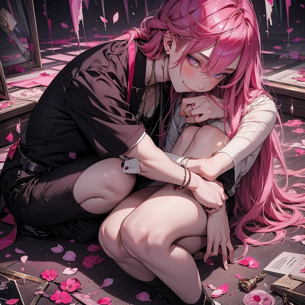 Beautiful young man, pink hair, red and purple Eyes, Elegant but disheveled formal attire, Sitting on the floor, Hug your knees, Smile even though you shed tears, sparkling broken heart pendant, powder々A dim room with a shattered mirror, An overhead view of scattered petals, Tears like subtle raindrops and a soft glow around the character.