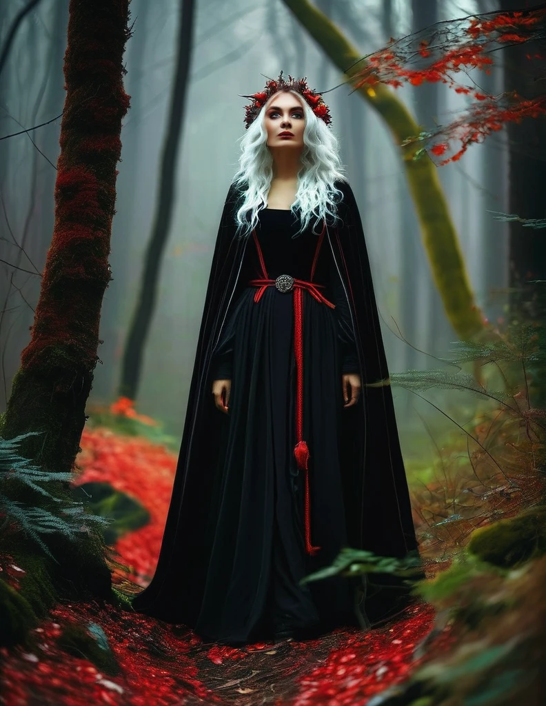 Witch with a black robe and colorful details. Her hair is white and red. 
She stands in a dark forest in the Middle Ages 