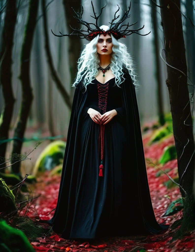 Witch with a black robe and colorful details. Her hair is white and red.
She stands in a dark forest in the Middle Ages