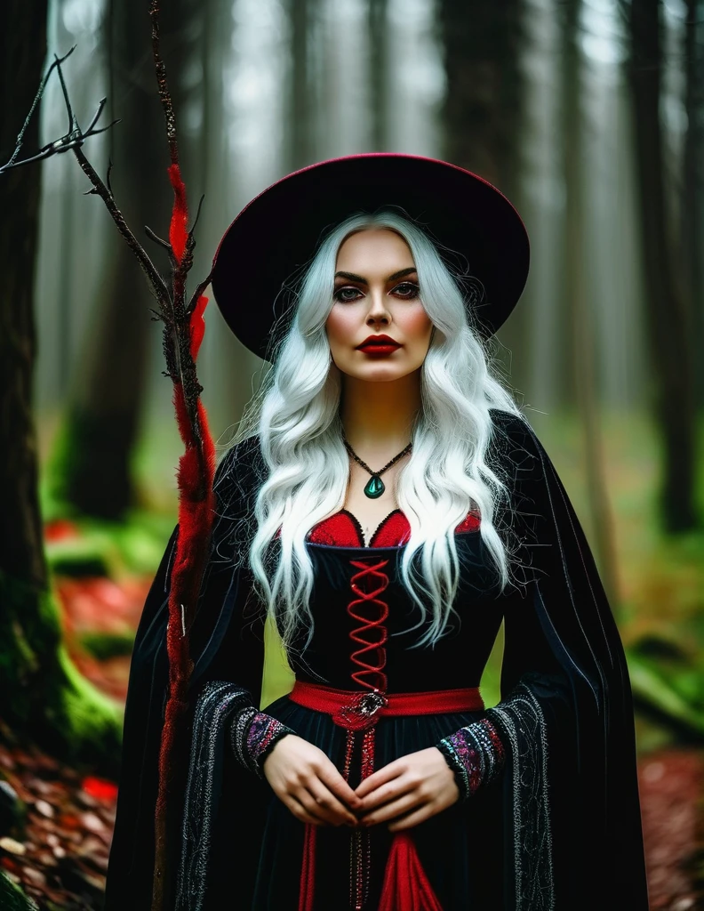 Witch with a black robe and colorful details. Her hair is white and red. 
She stands in a dark forest in the Middle Ages 