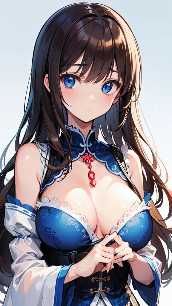 (best quality), (Very detailed), (Best Illustration Award), (beautiful girl), White的裙子,Decorated with blue patterns(Large Breasts), Brown hair, Messy hair, Awkward, The whole face turned red, blue eyes, White