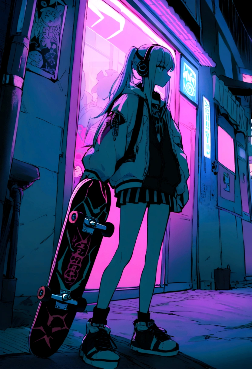 a girl, 16yo, Have a skateboard, the night,Orgy,By oneself,City,Cyberpunk Personality,smog,Street Fashion,ear phone,the street,outside of house,neon light,smog,