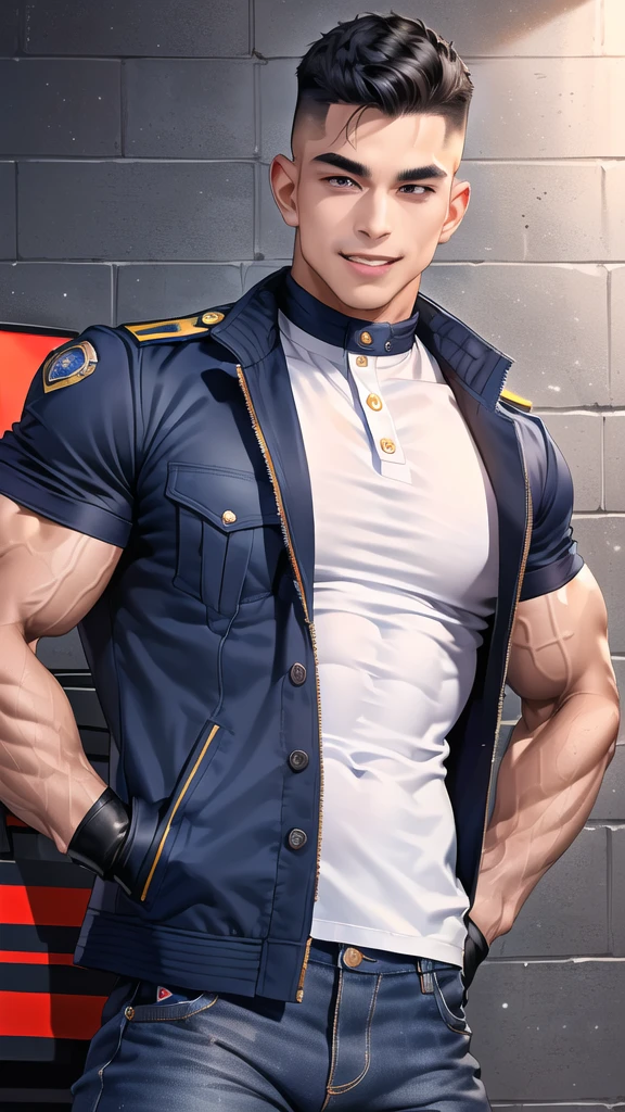 1 man,(Skinheads hairstyles) ,black eye,(Wear a fitted jacket  navy with a police badge.:1.3),(fit neck),Navy blue jeans,(black_gloves), Korean guy,chest muscles,large arm muscles,blood vessel,Big muscles,Broad shoulders, smile, middle of the road,(full_shot:1.6),(ร้านขนมปัง:1.2),