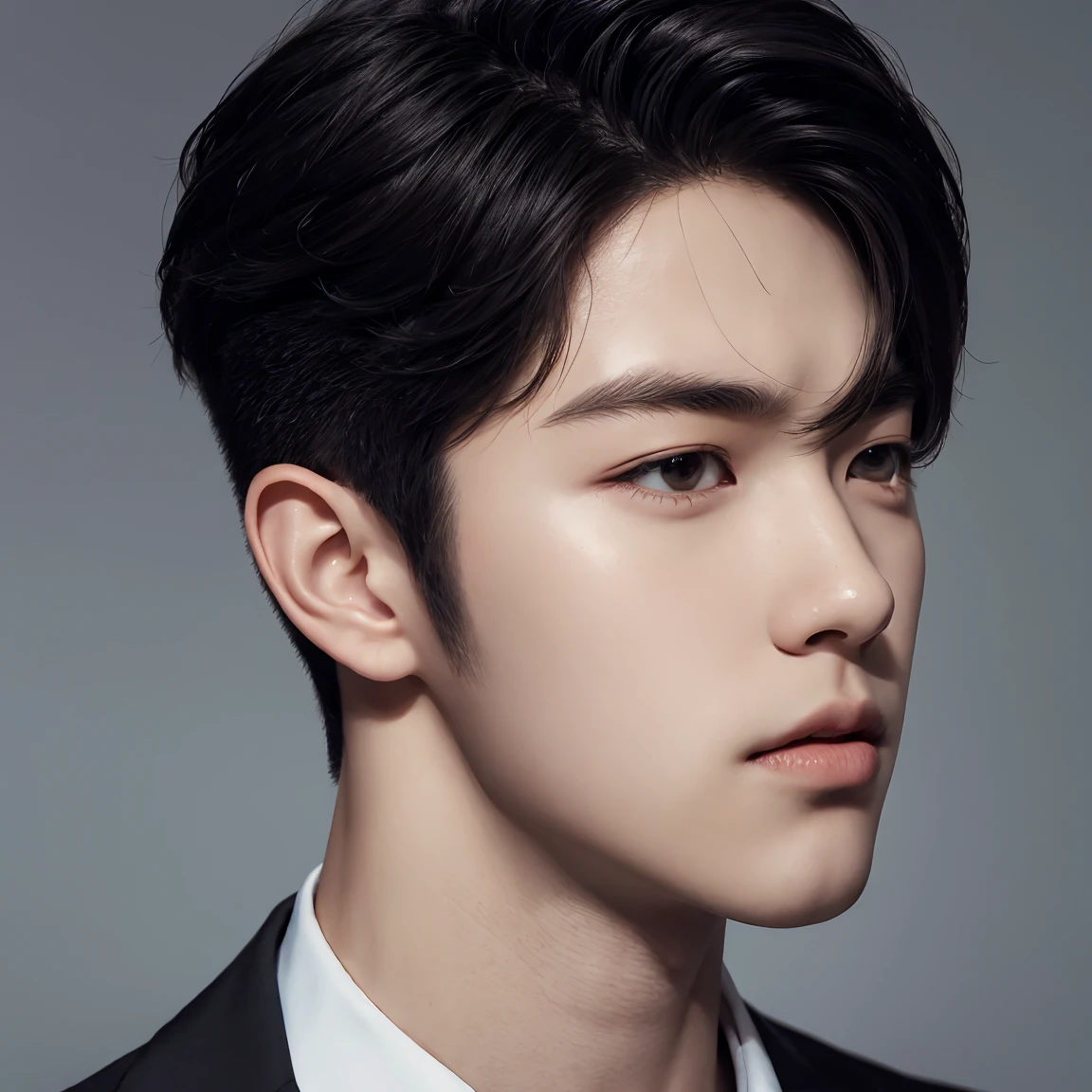 professional portrait photograph, handsome young man, muscular, model, crew cut, detailed face, plain background, kpop idol