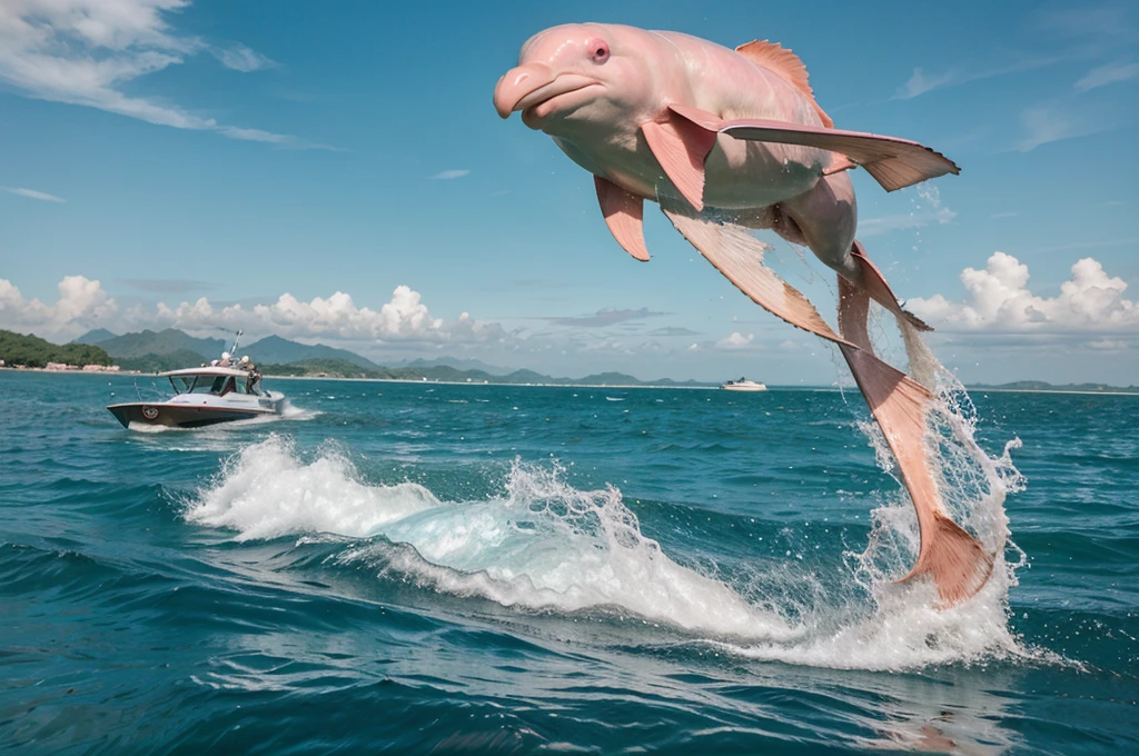 prompt: pink dolphin swim in thai ocean near speed boat, real photography, medium shot