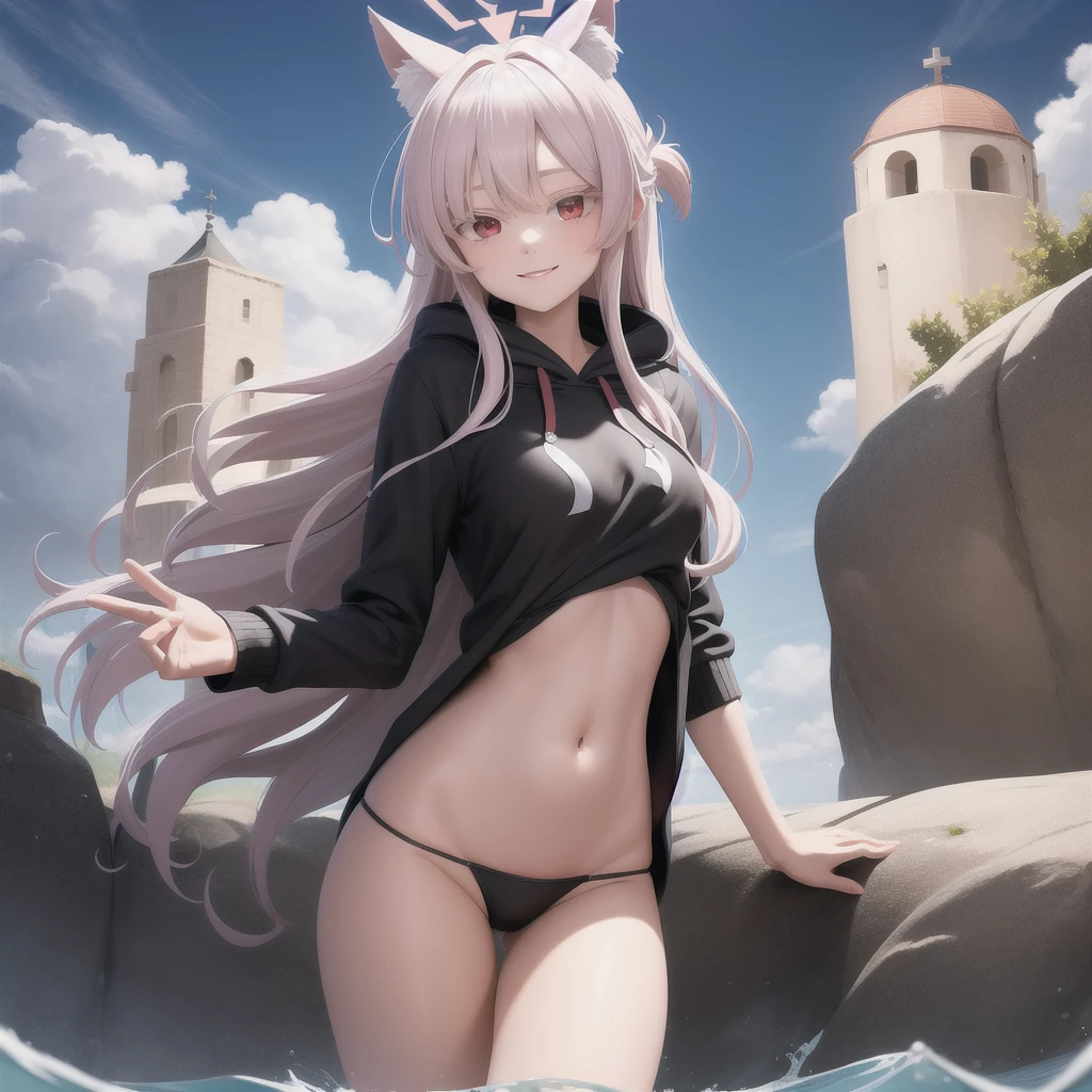 (masterpiece:1.3), (absurdres:1.3), (best quality:1.3), (ultra-detailed:1.3), full body, looking at viewer, smile, standing, outdoors, waving, halo, long hair, (black hoddie:1.3), bikini