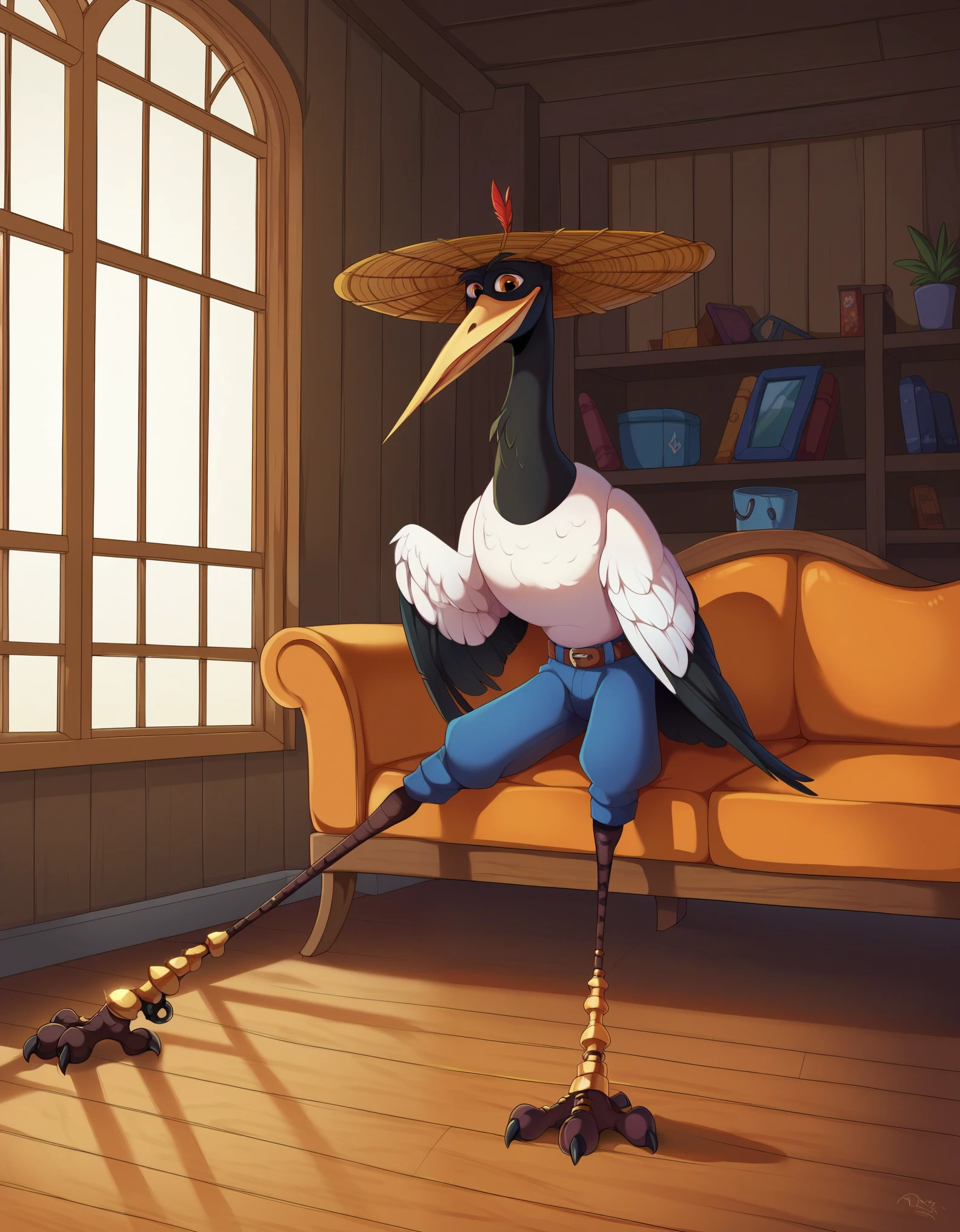 score_9, score_8_up, score_7_up, score_6_up, score_5_up, score_4_up,
1boy, mastercr4ne, crane, no humans, bird, talons, solo, pants, hat, animal focus, BREAK
living room, sitting on couch, window, table,