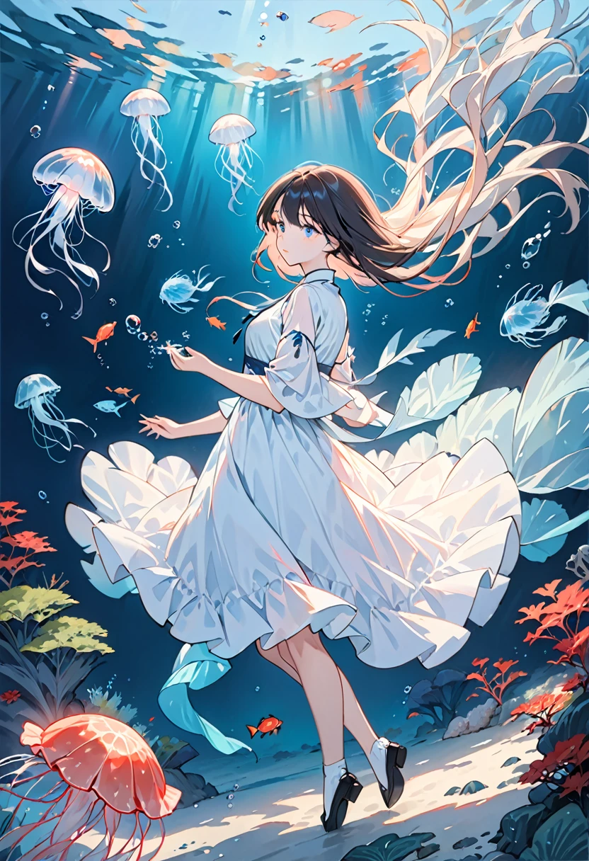 ((masterpiece,best quality)),(Negative Space:1.2),(1 Girl, Solitary:1.4),Beautiful and delicate eyes,Flowing hair, Underwater, bubble, fish, (jellyfish), Fluorescence,Sea turtles, Seaweed,
