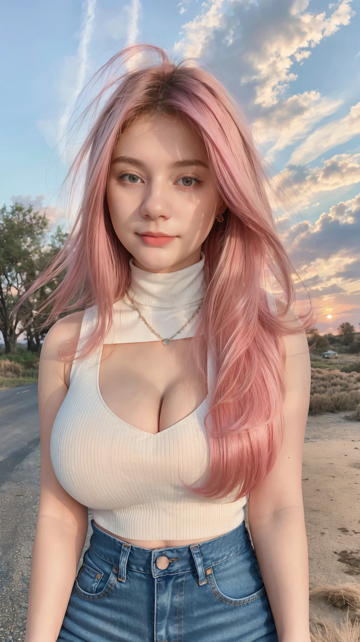 1 Girl, Beautiful, Baby Face, 18 Years Old, White Skin, Colossal Chest, Sleeveless Turtleneck, Denim Mini Pants, ((Cleavage:1.1)), Home Empty Land Outdoor Background, Highlight Pink Coloured Hair, Medium Bob Hair, ((Adorable:1.3)), ((Masterpiece:1.1)), ((Hair Blowing:1.1)), Sunset