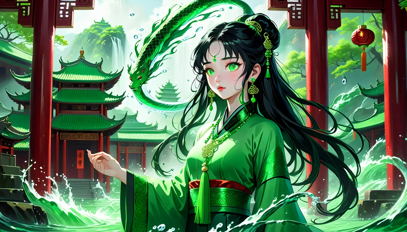 1girl, young Chinese woman Eva, with pale skin, green eyes, long black curly hair, green earrings, wearing traditional green Chinese clothes, green necklace, green bracelet, summons a lot of water to flood the temple, (best Quality, 4k, 8k, High Definition, Masterpiece: 1.2), Intricate Details, Ethereal, Dramatic Lighting, Vibrant Colors, Fantasy, Cinematic