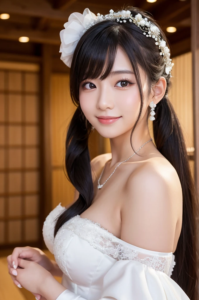 最high quality,Very detailed,finely,High resolution,8K壁紙,Perfect dynamic composition,Young Japanese Woman,Age 25, Black Hair, thin, 4K, 8K, high quality, beauty, smile, white歯,Beautiful Eyes, Characterized by simplicity, High resolution,1 person,Japanese Idols,Large Breasts,Twin tails,Landmine Makeup,Red cheeks,Off the shoulder,Wedding hall,Wedding dress,white、bride