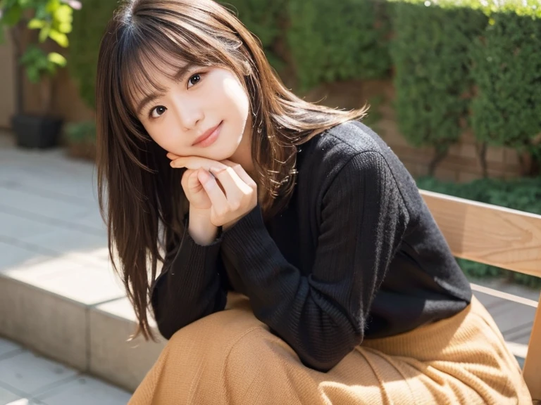 In detail, High resolution, high quality、Perfect dynamic composition, Beautiful attention to detail, Medium Hair, 、Natural color lip,Kamimei、Shibuya Ward、company employee、1 person、Clear Skin、Shiny Hair、Tabletop, 最high quality, figure, Ultra-detailed details, High resolution, 8K,sweater(light brown)And a long skirt(black),Rest your chin on your hands,Anatomically correct,cute,Perfect and beautiful hands,smile