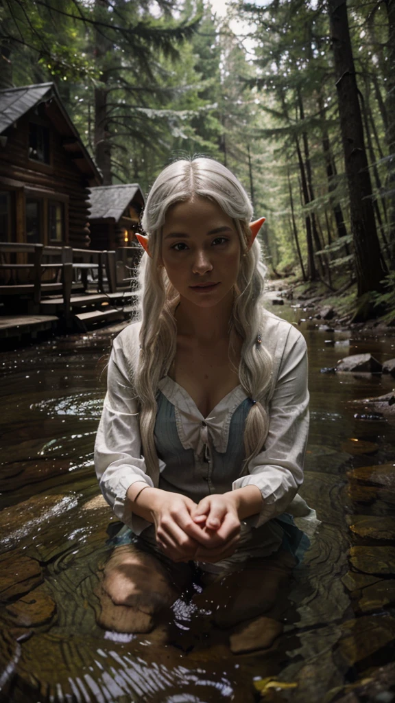 UltraHD, Highest Photo resolution, Realistic, Cinematic, Cabin in the woods with stream and creek, a beautiful white haired elf