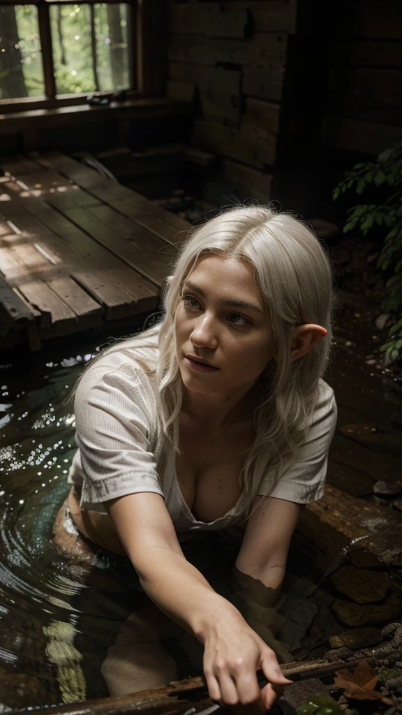 UltraHD, Highest Photo resolution, Realistic, Cinematic, Cabin in the woods with stream and creek, a beautiful white haired elf