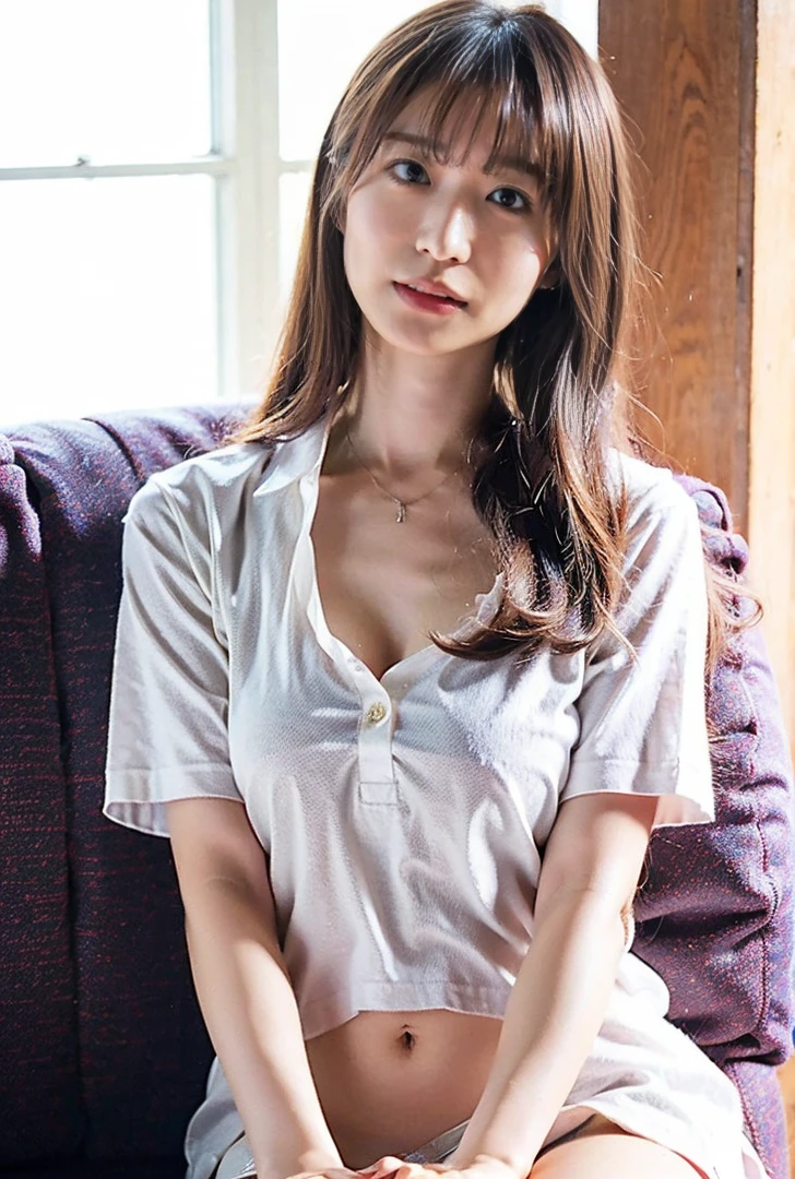 ((Both hands are in front of the navel、A photo of her panties showing through a short polo shirt、Hands roll up shirt、She is wearing a navy polo shirt and luxurious white panties.、:1.4))、Being in the living room、Length cream hair color、Her huge breasts are obvious even through her clothes..、Small earrings、Light brown hair color、:1.4））、Shiny Hair、Light beige hair color、Background Blur、Light brown hair、｛｛Cowgirl Shot｝｝、（（Close-up shot from the waist up、Big Breasts:1.4））、Big Breasts、にっこりsmile、服からでも分かるBig Breasts、Cowboy Shot、素敵なsmile、（（Revealing clothing））、Full body photo、ring、Tuck your hair behind one ear、Silver Necklace、smile、Caustics、Highly detailed photos、Big Breasts、Super no makeup、(8K、RAW Photos、Highest quality、masterpiece:1.2)、(Realistic、Realistic)、1 Girl、((Big Breastsショートヘア、Looking into the camera:1.4))、Hair blowing in the wind
