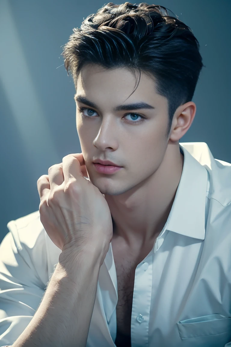 Ultra wide angle,((masterpiece)),((best quality)),8K,High Detail,Very detailed, (2 handsome muscular boys),Very manly,blue eyes,Stylish short hair,Vivid male image, Fashion pose, masculine expression,Real skin texture, Perfect hand details,Light,
Royal blue style couple,White male model photos