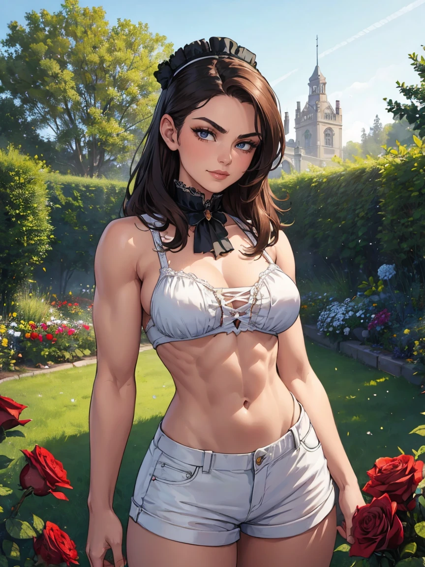 (( Woman Portrait)), ( Victorian Fashion Style), Rose Garden, Classic, Rotten Row, English Style, Nobleman, shorts, smirking, abs, six_pack, toned, muscles, perfect body, perfect face, supermodel body,