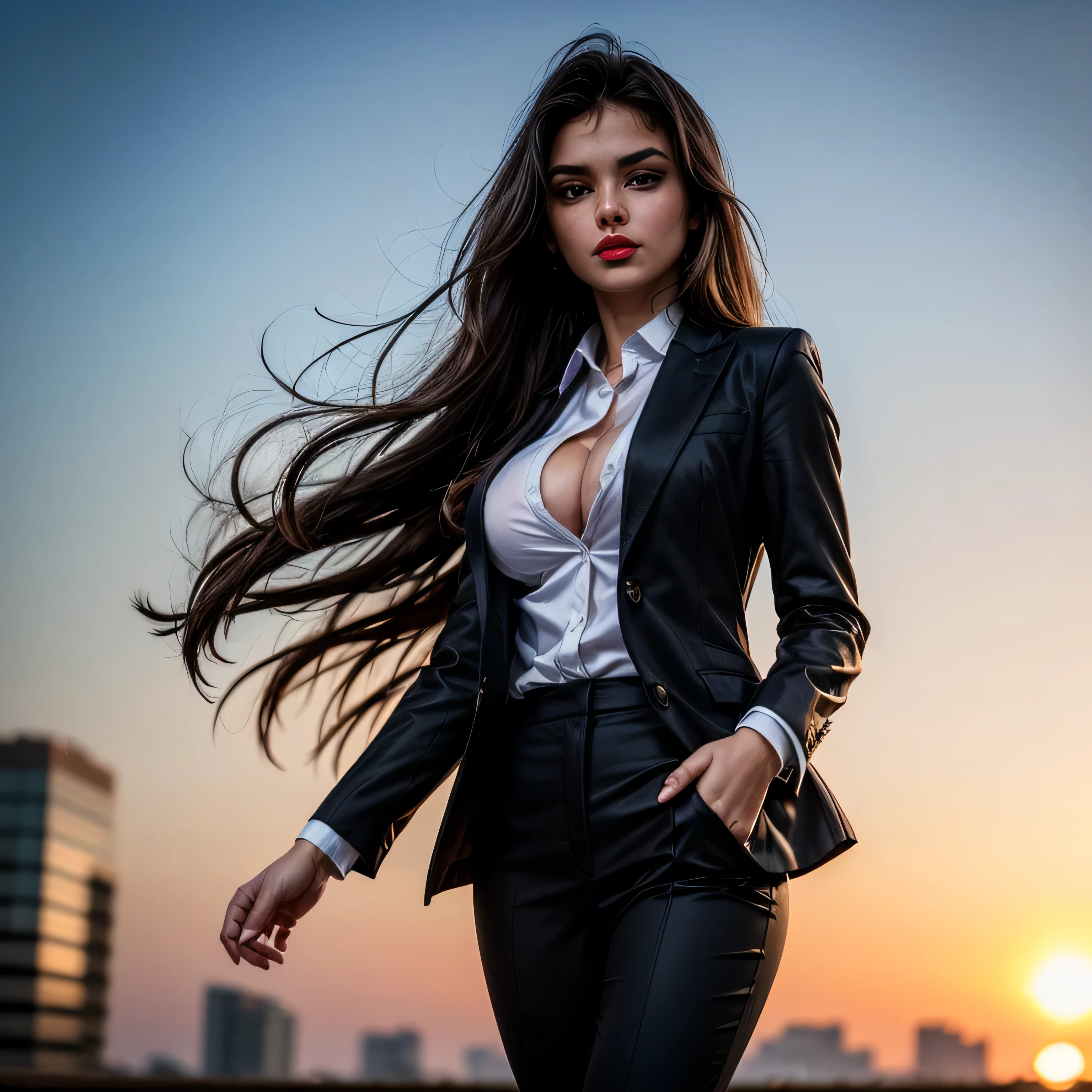 (masterpiece, photorealistic:1.4, extremely intricate:1.3, radiosity, photon mapping, dtx), ((nineteen female, age supermodel, ((([medium breasts:large breasts:0.7]), business suit, black suit coat, white men's business shirt, stepping to the side, serious, looking away, 19 years old, humid, bright red lips)), long eyelashes, makeup:1.3)), ((([skin detail:freckles:0.9]))), outdoor, park, faraway city, professional photograph girl, (long straight hair [glossblack hair:blonde hair:0.6], wind), BREAK ((sunset), bokeh, blurry background)

