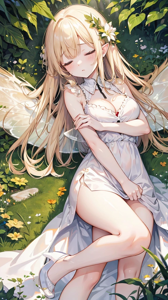 Showing the whole body, cute, baby face, big breasts, sleeping, in the forest, white dress, long hair, sleeping, alone, small, fairy wings, honey-colored hair