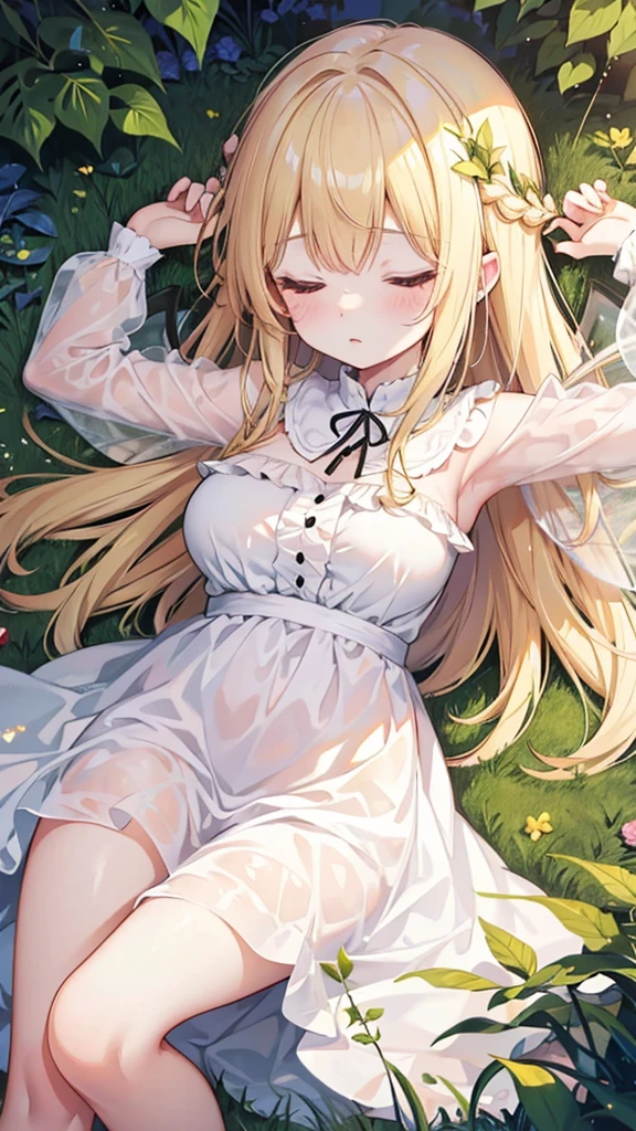 Showing the whole body, cute, baby face, , sleeping, in the forest, white dress, long hair, sleeping, alone, small, fairy wings, honey-colored hair