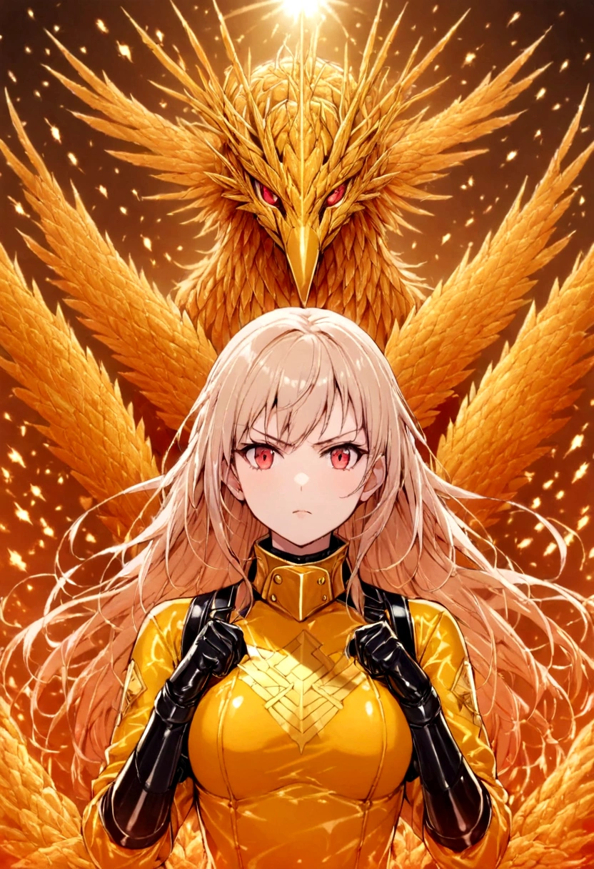 (Upper Body:1.3), 1 Girl,Phoenix Guardian, Fireproof suit with golden phoenix emblem, Fire basket and obsidian stick, Phoenix Nest，Feather golden，shining, Claw gloves for handling phoenixes, Fire Ruby，Used to feed Phoenix,