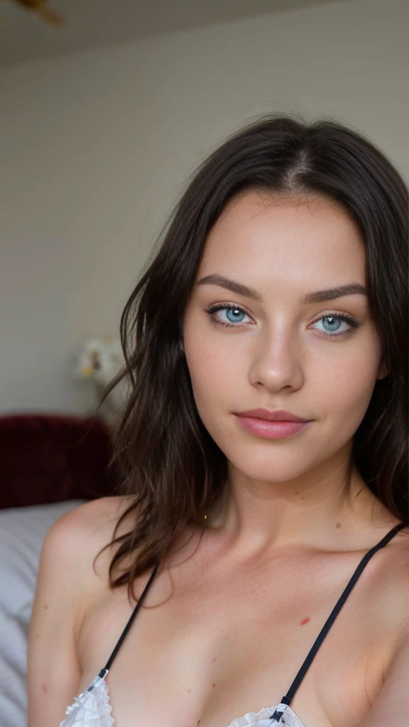 beautiful 18-year-old white woman with black hair and blue eyes, pale skin, on the bed, wearing red lingerie, very detailed, innocent face, natural wavy hair, blue eyes, high resolution, masterpiece, best quality, intricate details, highly detailed, sharp focus, detailed skin, realistic skin texture, texture, detailed eyes, professional, 4k, charming smile, shot on Canon, 85mm, shallow depth of field, kodak vision color, perfect fit body, extremely detailed, foto_\(ultra\), photorealistic, realistic, post-processing, maximum detail, roughness, real life, ultra realistic, photorealism, photography, 8k uhd, photography