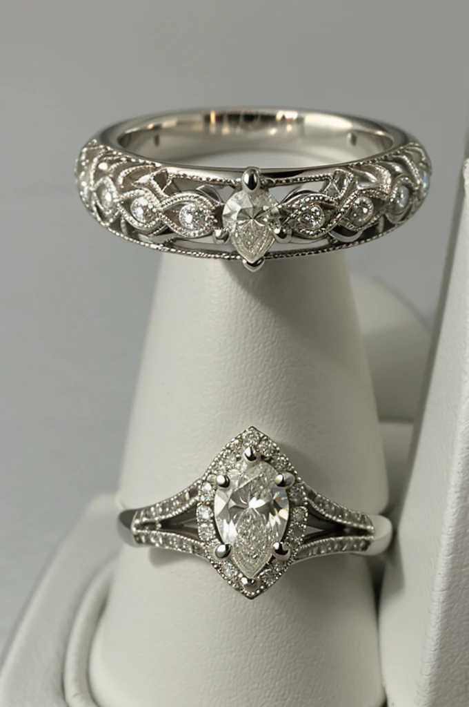 Engagement ring, pear cut diamond, with dragon scales, White color