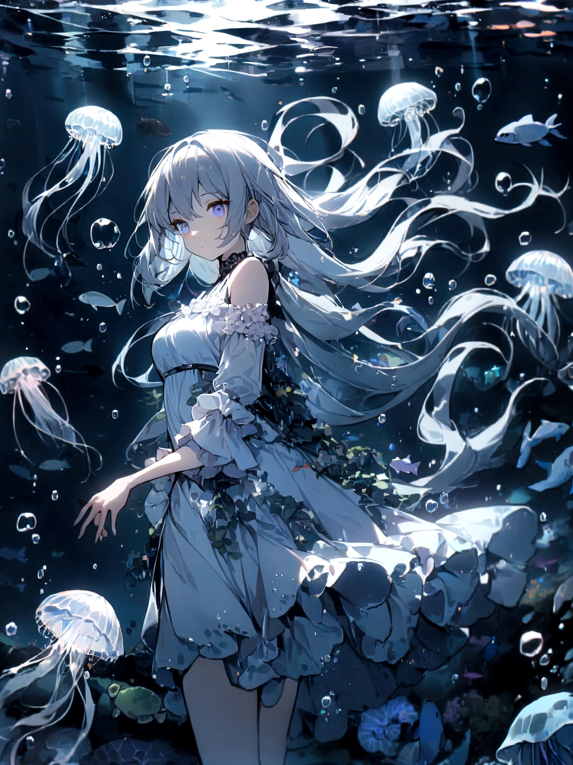 ((masterpiece,best quality)),(Negative Space:1.2),(1 Girl, Solitary:1.4),Beautiful and delicate eyes,Flowing hair, Underwater, bubble, fish, (jellyfish), Fluorescence,Sea turtles, Seaweed,