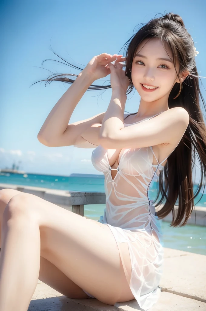 Asian woman in a see-through dress sitting on a ledge near the sea, It's hot with the shining sun, realistic Young Gravure Idol, Young and cute gravure idol, Gorgeous Chinese Model, Trending on cgstation, Young Gravure Idol, Trending on cgstation, Gorgeous Young Korean Woman, Young and sexy gravure idol, Young and skinny gravure idol, Beautiful Asian Girl, Li Zixin