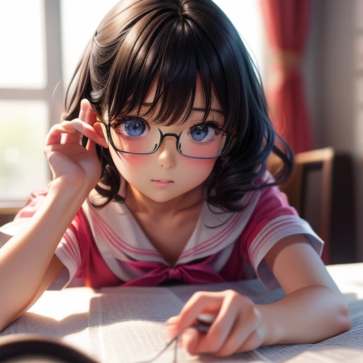 (8K、Hyper HD)On pink sheets、transparent bottom、Spread your legs、short hair, Black Hair, Curly Hair、View your viewers,high school girl,Leaning forward,(Random cute clothes),(Random Animation Pose),(Thin type),(Random hairstyle),(Best image quality, (8K), Ultra-realistic, 最high quality, high quality, High resolution, high qualityの質感, Attention to detail, Beautiful details, Fine details, Highly detailed CG, Detailed Texture, Realistic facial expressions, masterpiece, in front),(Wear glasses:1.1)