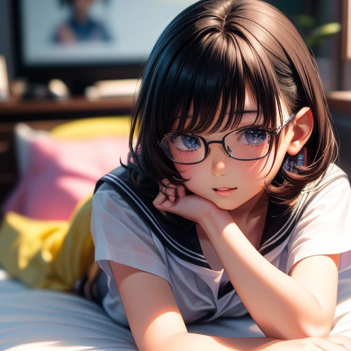 (8K、Hyper HD)On pink sheets、transparent bottom、Spread your legs、short hair, Black Hair, Curly Hair、View your viewers,high school girl,Leaning forward,(Random cute clothes),(Random Animation Pose),(Thin type),(Random hairstyle),(Best image quality, (8K), Ultra-realistic, 最high quality, high quality, High resolution, high qualityの質感, Attention to detail, Beautiful details, Fine details, Highly detailed CG, Detailed Texture, Realistic expressions, masterpiece, in front),(Wear glasses:1.1)