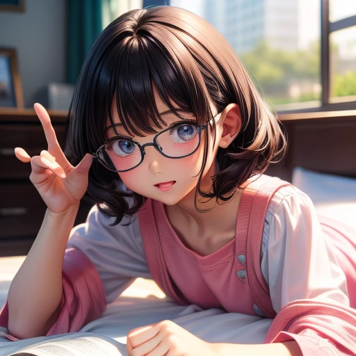 (8K、Hyper HD)On pink sheets、transparent bottom、Spread your legs、short hair, Black Hair, Curly Hair、View your viewers,high school girl,Leaning forward,(Random cute clothes),(Random Animation Pose),(Thin type),(Random hairstyle),(Best image quality, (8K), Ultra-realistic, 最high quality, high quality, High resolution, high qualityの質感, Attention to detail, Beautiful details, Fine details, Highly detailed CG, Detailed Texture, Realistic facial expressions, masterpiece, in front),(Wear glasses:1.1)